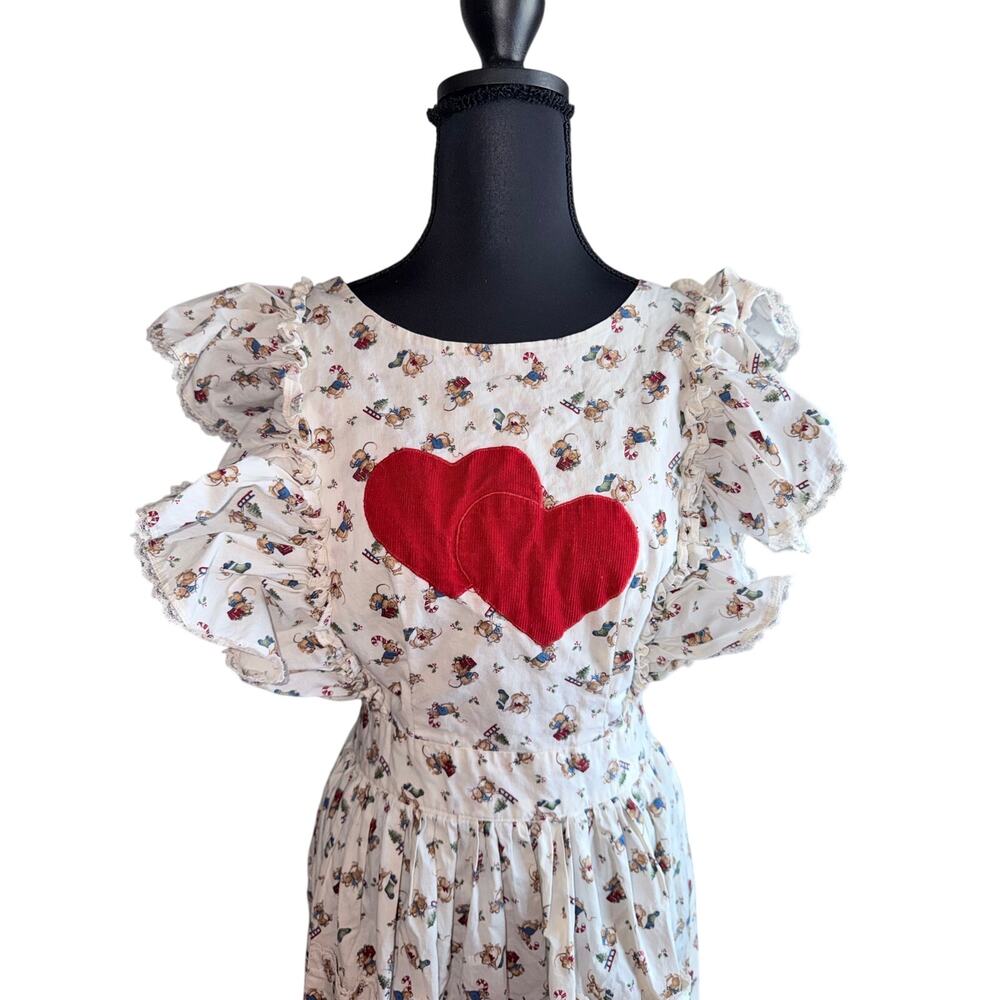 Vintage Handmade Christmas Prairie Apron Dress Ruffle Heart Cottagecore baking - Picture 4 of 5